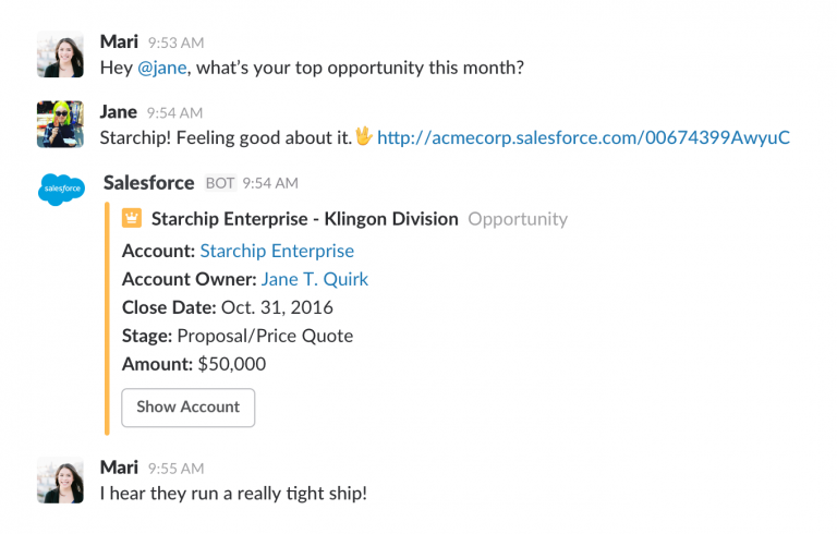 Technoloty News :  Enterprise chat app Slack ties up with Salesforce in a deep product partnership .